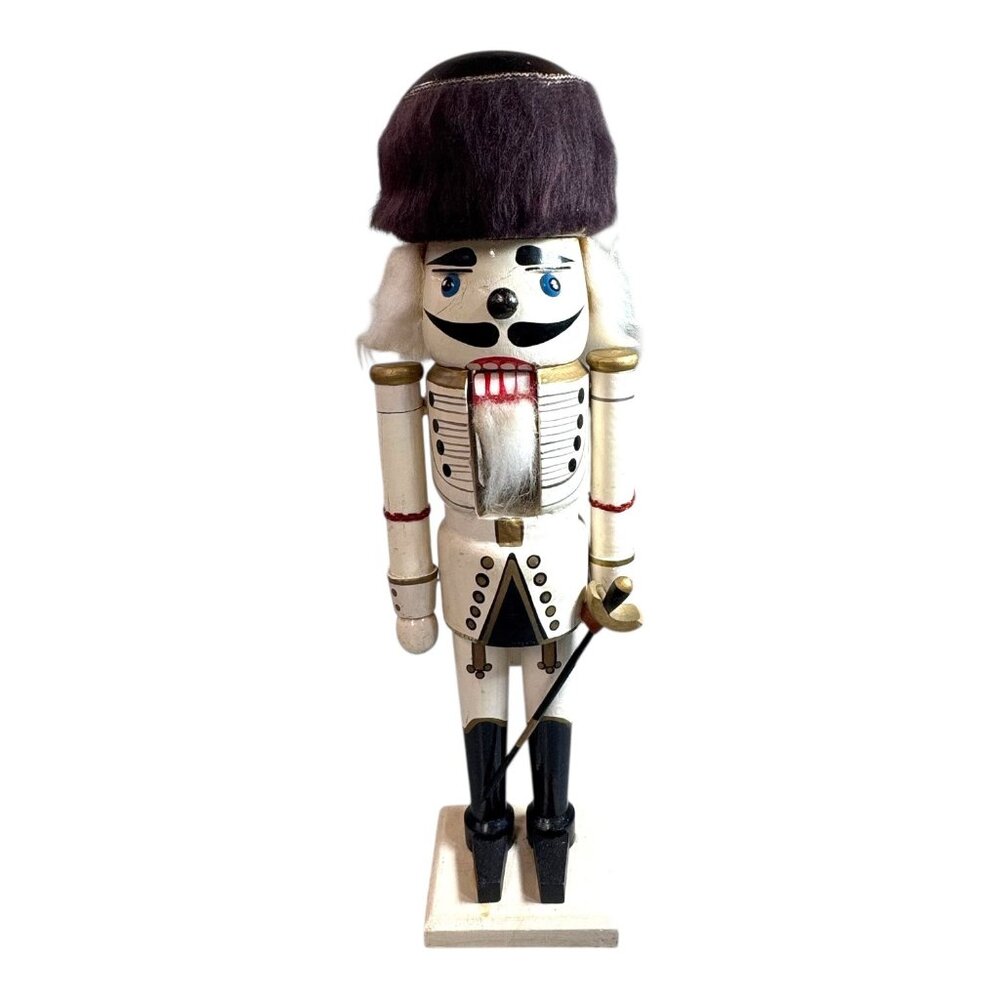 Vintage Wooden Nutcracker Soldier Figurine 14" Mustache Fur Hat & Sword Red Gold